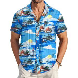 Men's Blue Casual Button Down Shirts Short Sleeve Textured Summer Beach Shirt